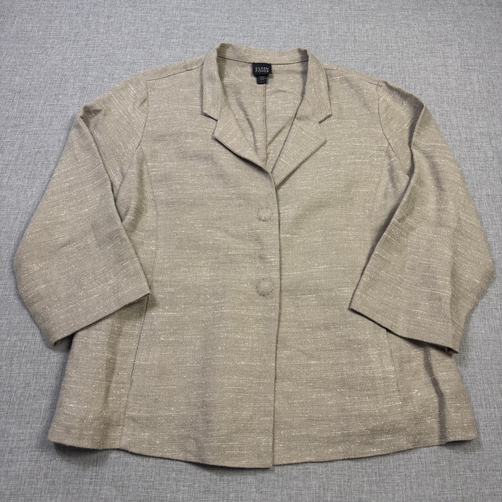 Eileen Fisher Linen Silk Blazer Jacket Womens Large Beige Tailored Two-Button